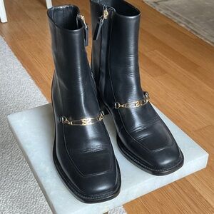 Sandro Black Leather Ankle Boots with Gold Chain Detail